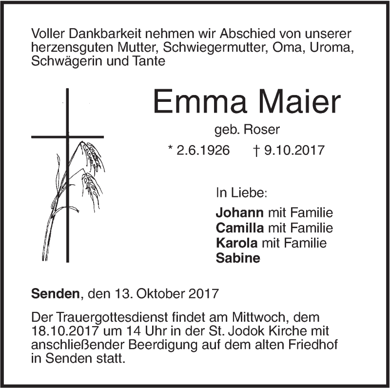  Traueranzeige für Emma Maier vom 13.10.2017 aus SÜDWEST PRESSE Ausgabe Ulm/Neu-Ulm
