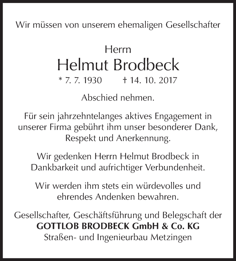  Traueranzeige für Helmut Brodbeck vom 21.10.2017 aus SÜDWEST PRESSE