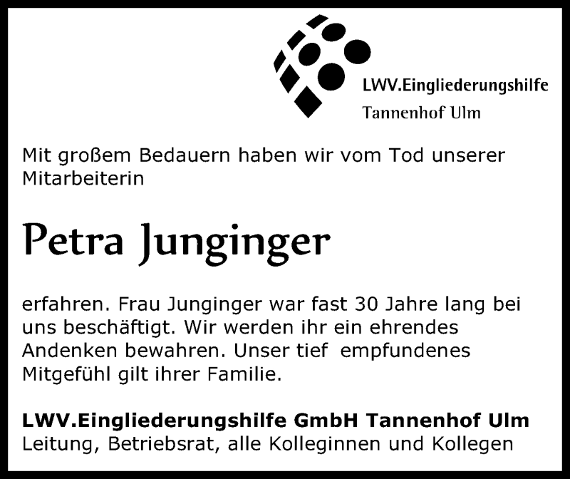  Traueranzeige für Petra Junginger vom 24.10.2017 aus SÜDWEST PRESSE Ausgabe Ulm/Neu-Ulm