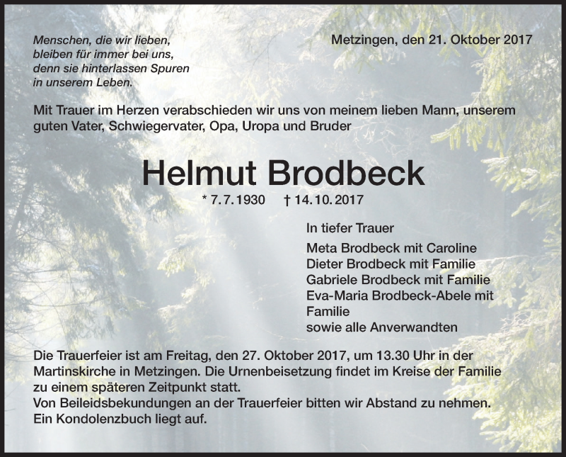  Traueranzeige für Helmut Brodbeck vom 21.10.2017 aus Metzinger-Uracher Volksblatt