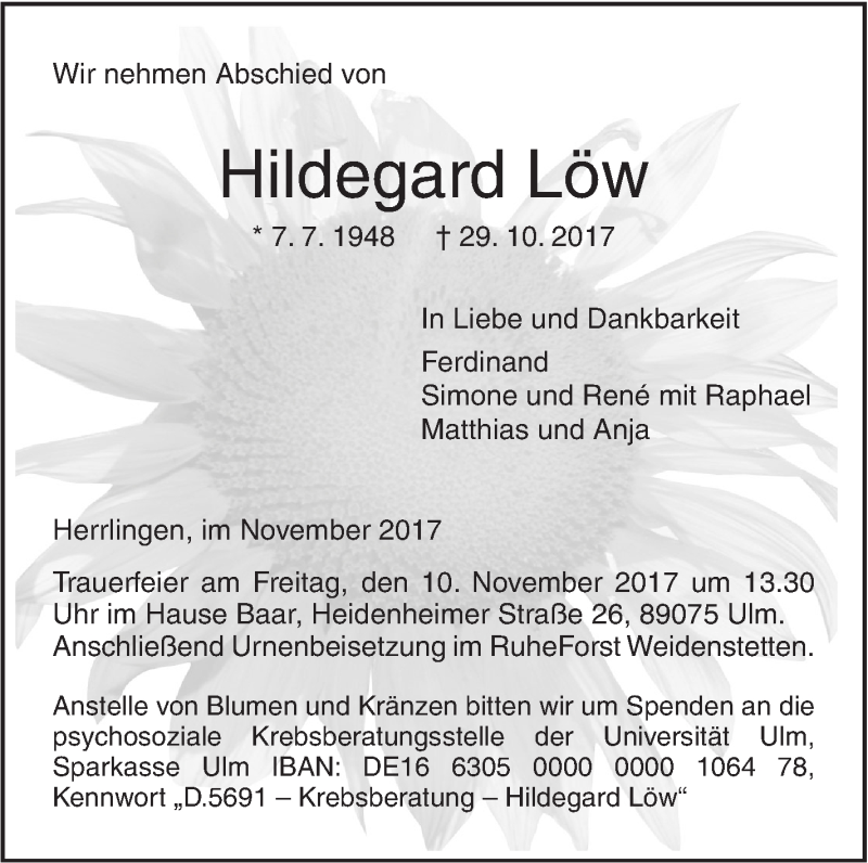  Traueranzeige für Hildegard Löw vom 06.11.2017 aus SÜDWEST PRESSE Ausgabe Ulm/Neu-Ulm