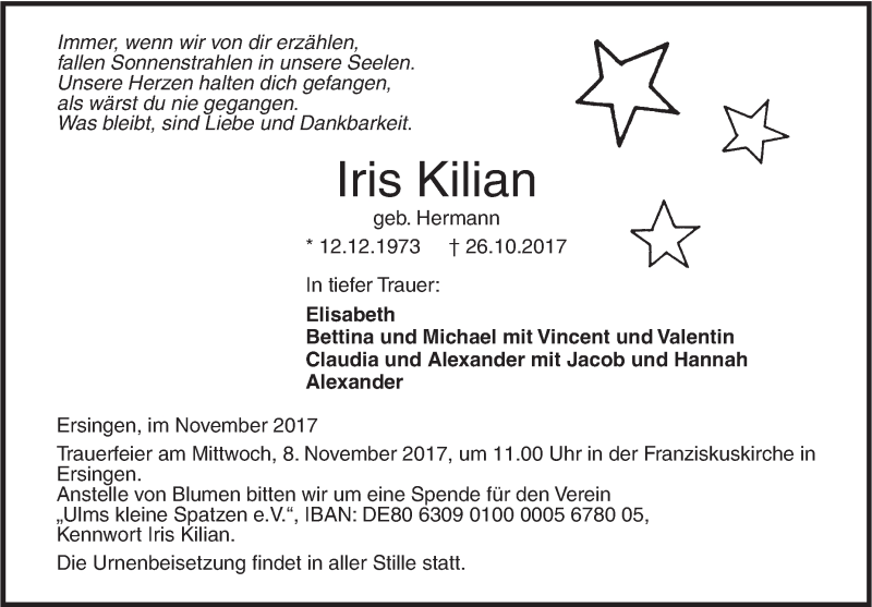  Traueranzeige für Iris Kilian vom 04.11.2017 aus SÜDWEST PRESSE Ausgabe Ulm/Neu-Ulm