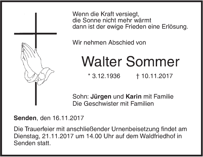  Traueranzeige für Walter Sommer vom 16.11.2017 aus SÜDWEST PRESSE Ausgabe Ulm/Neu-Ulm