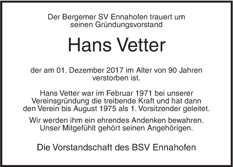  Traueranzeige für Hans Vetter vom 06.12.2017 aus Ehinger Tagblatt