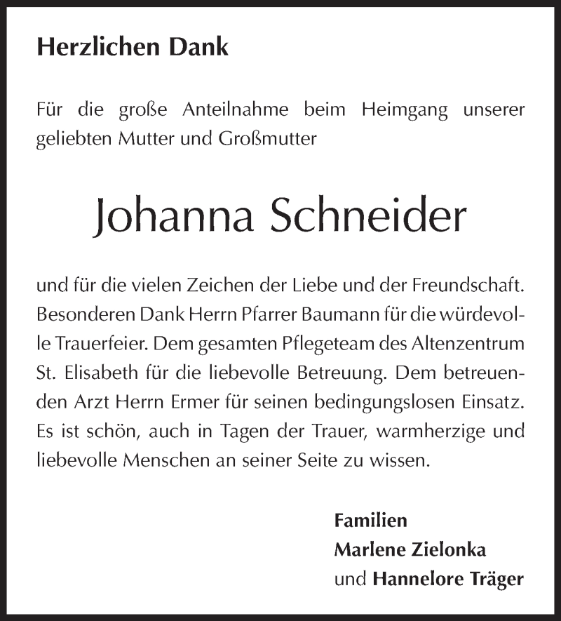  Traueranzeige für Johanna Schneider vom 08.12.2017 aus SÜDWEST PRESSE