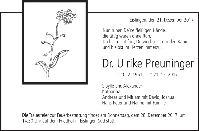  Traueranzeige für Ulrike Preuninger vom 23.12.2017 aus NWZ Neue Württembergische Zeitung