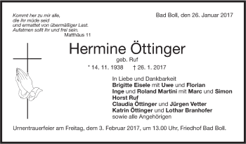 Traueranzeige von Hermine Öttinger von Südwest Presse