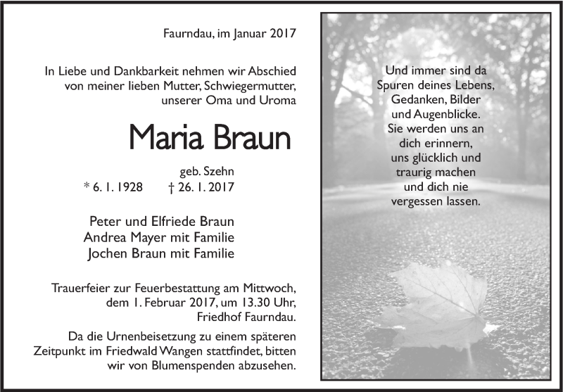  Traueranzeige für Maria Braun vom 28.01.2017 aus Südwest Presse