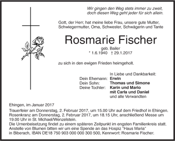 Traueranzeige von Rosmarie Fischer von Südwest Presse