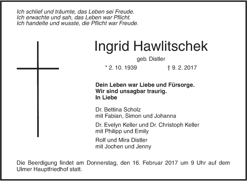  Traueranzeige für Ingrid Hawlitschek vom 11.02.2017 aus Südwest Presse