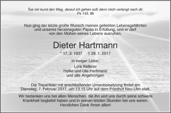 Traueranzeige von Dieter Hartmann von Südwest Presse