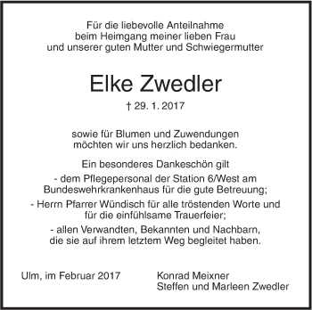 Traueranzeige von Elke Zwedler von Südwest Presse