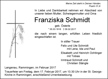 Traueranzeige von Franziska Schmidt von Südwest Presse
