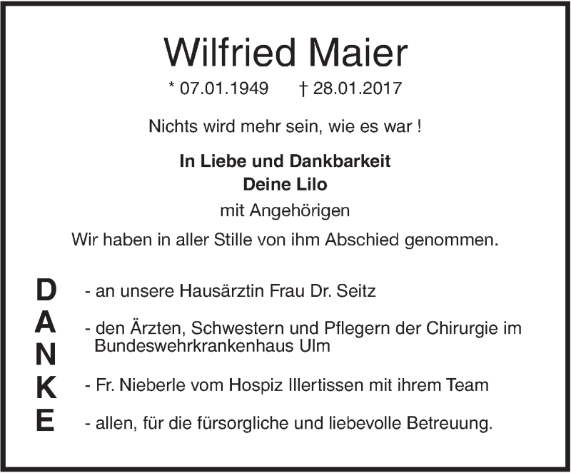  Traueranzeige für Wilfried Maier vom 11.02.2017 aus Südwest Presse