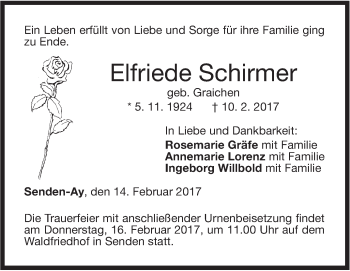 Traueranzeige von Elfriede Schirmer von Südwest Presse