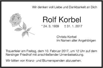 Traueranzeige von Rolf Korbel von Südwest Presse