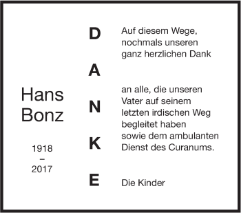 Traueranzeige von Hans Bonz von Südwest Presse