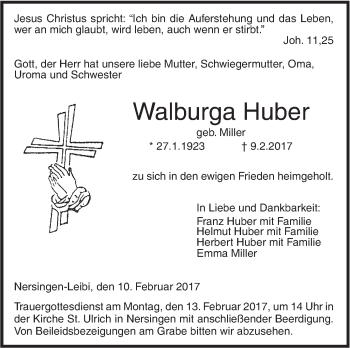 Traueranzeige von Walburga Huber von Südwest Presse
