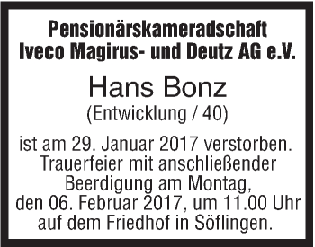 Traueranzeige von Hans Bonz von Südwest Presse