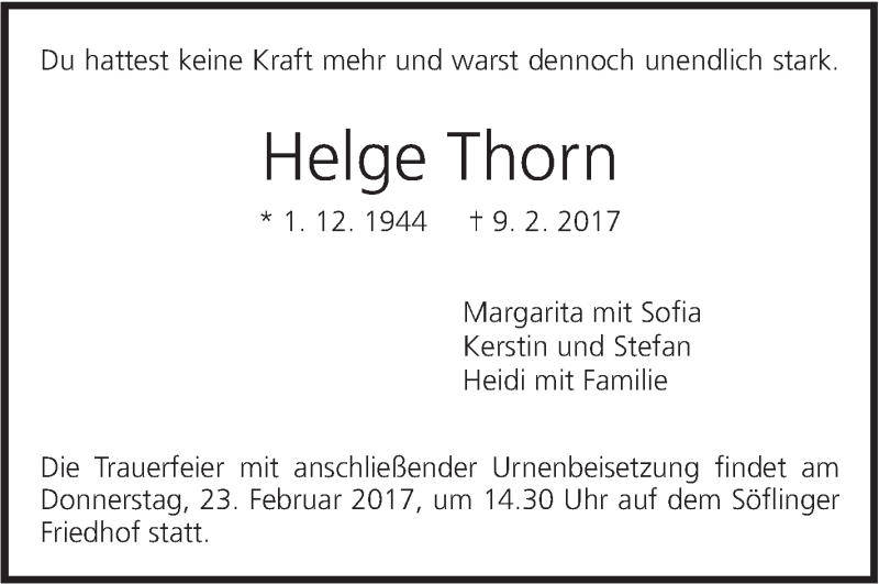  Traueranzeige für Helge Thorn vom 16.02.2017 aus Südwest Presse
