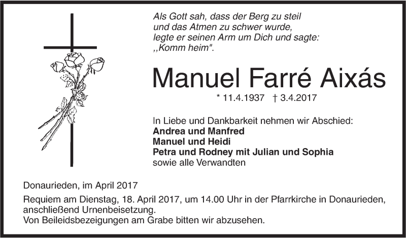  Traueranzeige für Manuel Farré Aixás vom 12.04.2017 aus Südwest Presse