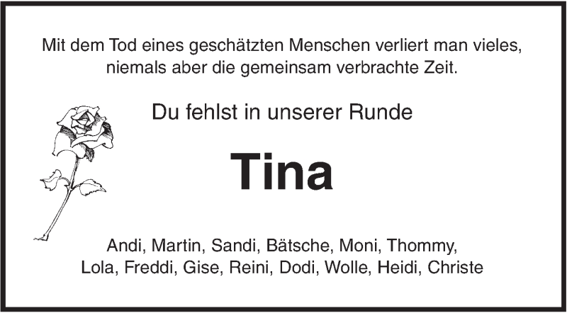  Traueranzeige für Tina  vom 12.05.2017 aus Südwest Presse