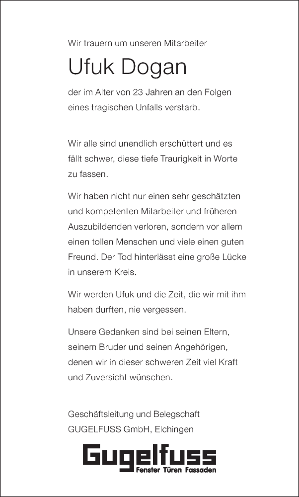 Traueranzeige für Ufuk Dogan vom 25.07.2017 aus Südwest Presse