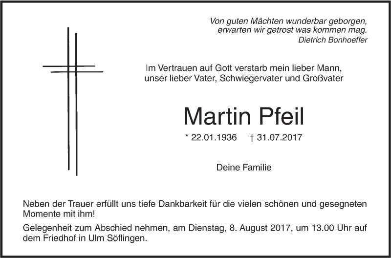  Traueranzeige für Martin Pfeil vom 04.08.2017 aus Südwest Presse