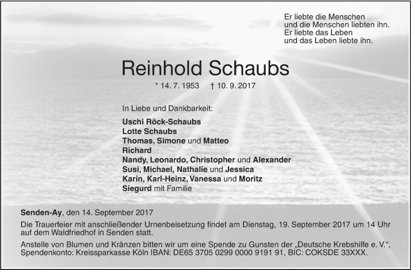 Traueranzeige für Reinhold Schaubs vom 14.09.2017 aus Südwest Presse
