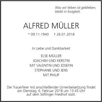 Traueranzeige von Alfred Müller von SÜDWEST PRESSE Ausgabe Ulm/Neu-Ulm
