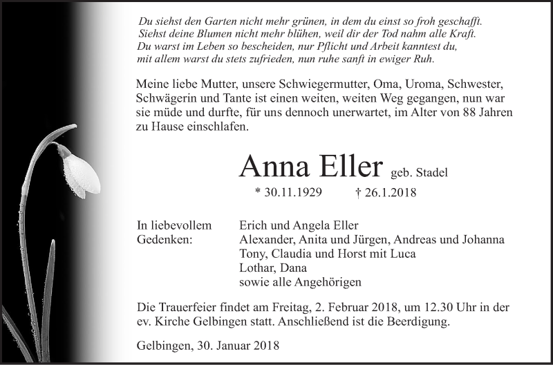  Traueranzeige für Anna Eller vom 30.01.2018 aus Haller Tagblatt