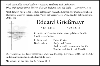 Traueranzeige von Eduard Grießmayr von Haller Tagblatt