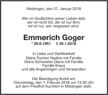 Traueranzeige von Emmerich Goger von Metzinger-Uracher Volksblatt