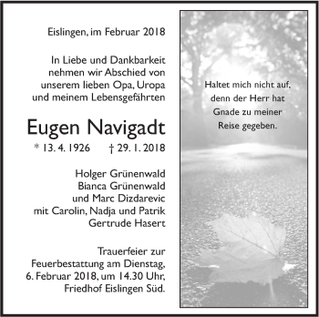Traueranzeige von Eugen Navigadt von NWZ Neue Württembergische Zeitung