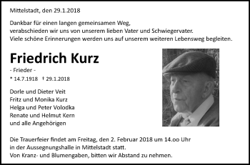 Traueranzeige von Friedrich Kurz von Metzinger-Uracher Volksblatt