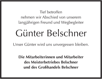 Traueranzeige von Günter Belschner von Haller Tagblatt