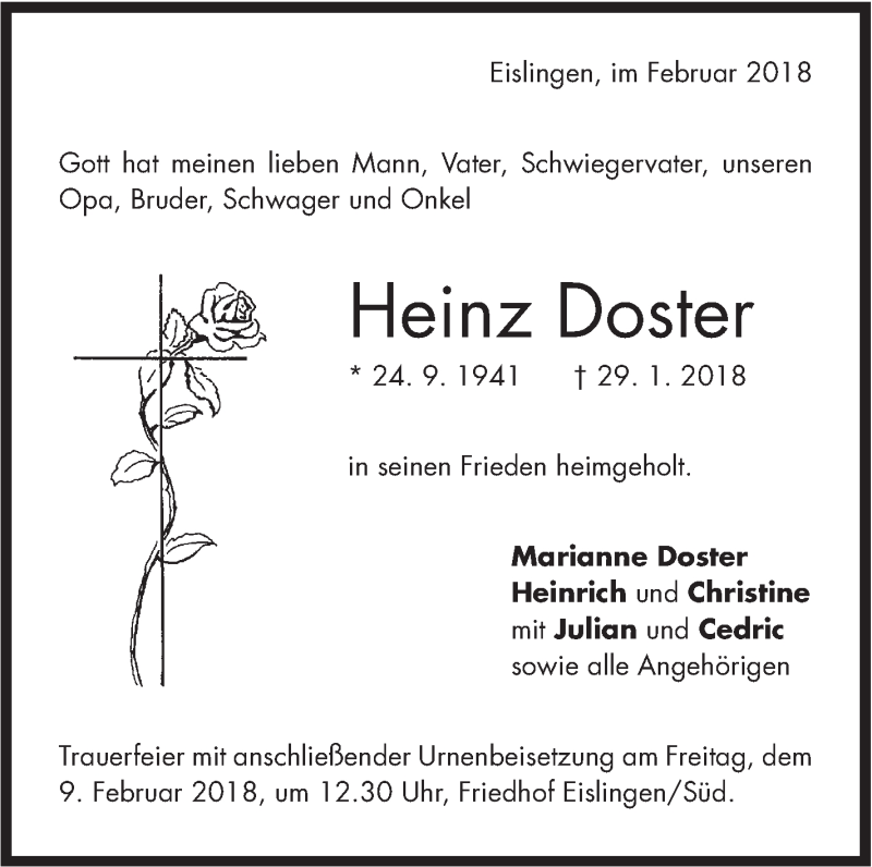  Traueranzeige für Heinz Doster vom 05.02.2018 aus NWZ Neue Württembergische Zeitung