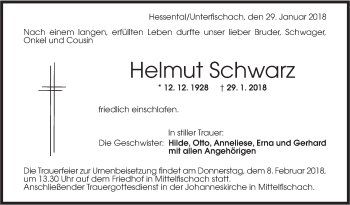 Traueranzeige von Helmut Schwarz von Haller Tagblatt