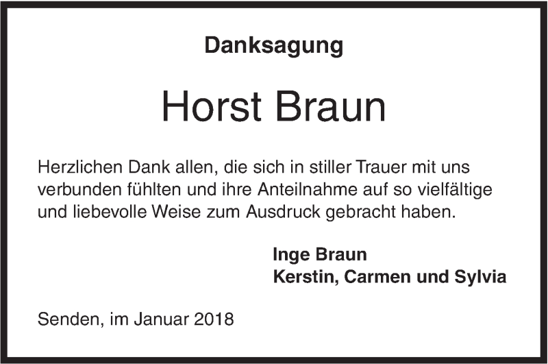  Traueranzeige für Horst Braun vom 12.01.2018 aus SÜDWEST PRESSE Ausgabe Ulm/Neu-Ulm
