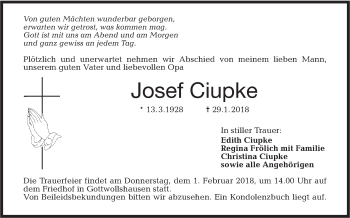 Traueranzeige von Josef Ciupke von Haller Tagblatt