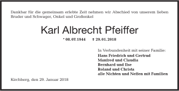 Traueranzeige von Karl Albrecht Pfeiffer von Hohenloher Tagblatt