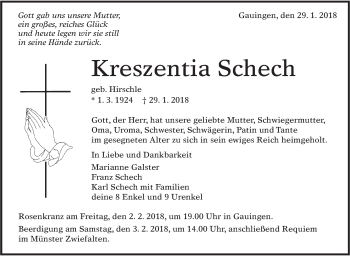 Traueranzeige von Kreszentia Schech von Alb-Bote