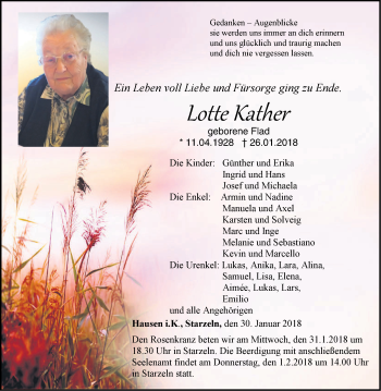 Traueranzeige von Lotte Kather von Hohenzollerische Zeitung