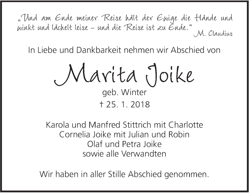  Traueranzeige für Marita Joike vom 27.01.2018 aus SÜDWEST PRESSE Ausgabe Ulm/Neu-Ulm