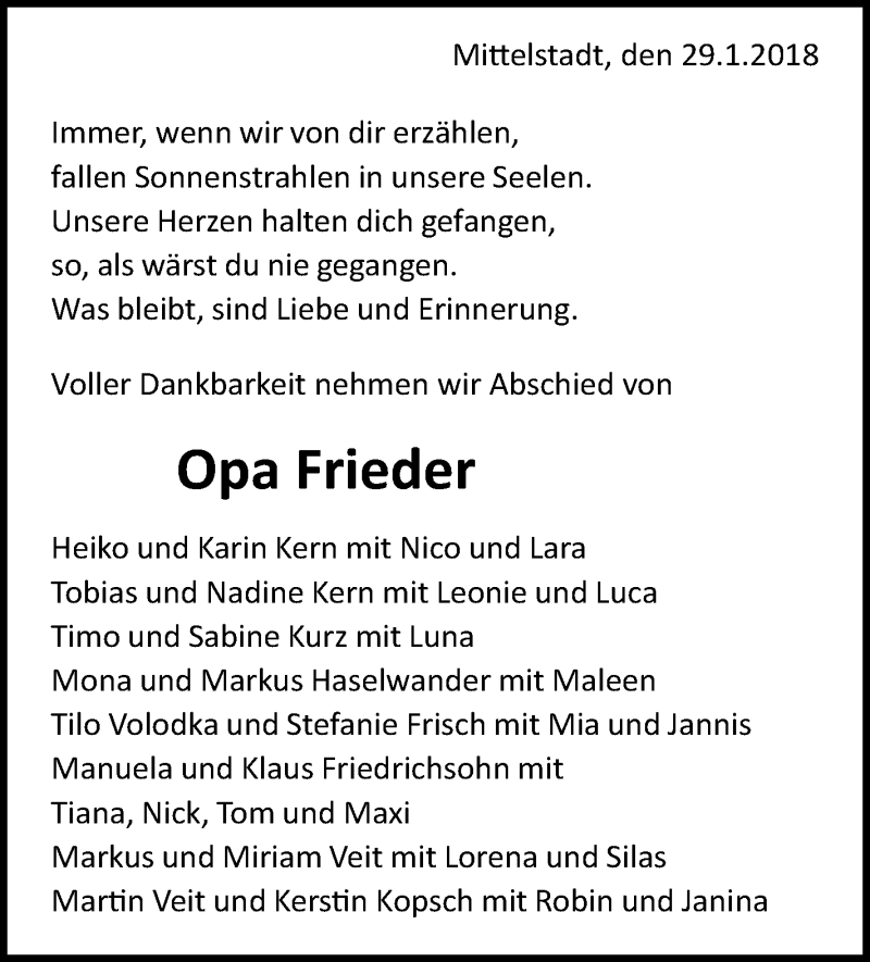  Traueranzeige für Opa Frieder vom 31.01.2018 aus Metzinger-Uracher Volksblatt