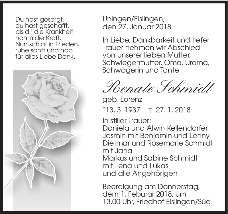  Traueranzeige für Renate Schmidt vom 30.01.2018 aus NWZ Neue Württembergische Zeitung