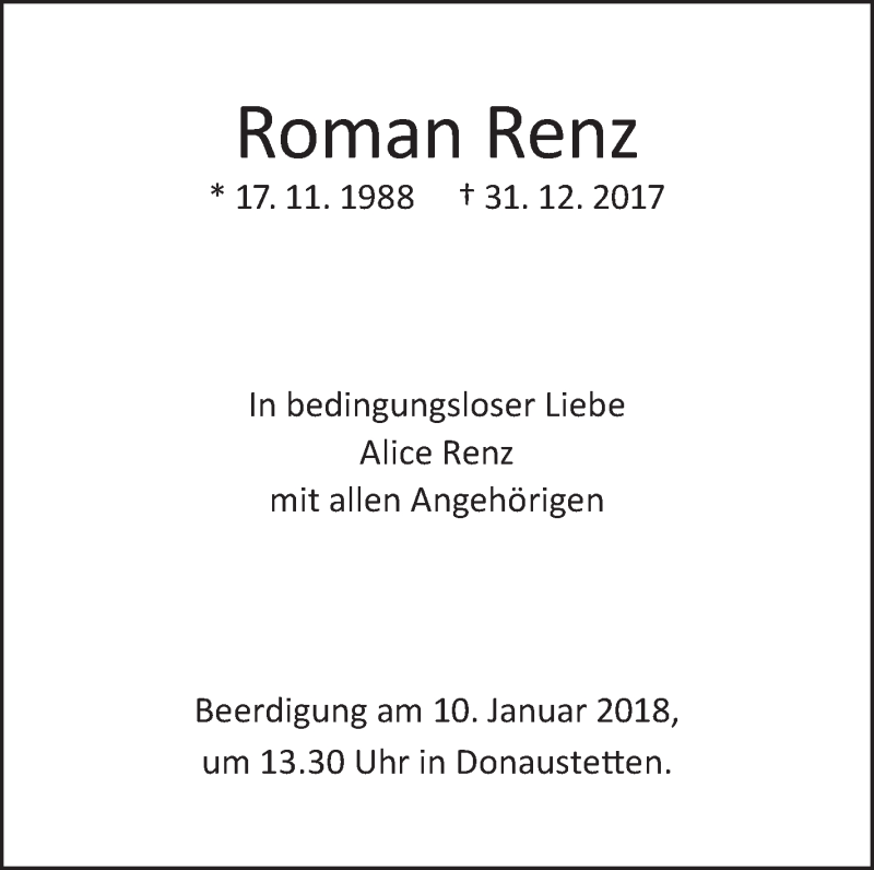  Traueranzeige für Roman Renz vom 05.01.2018 aus SÜDWEST PRESSE Ausgabe Ulm/Neu-Ulm