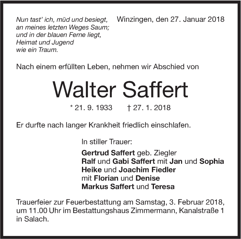  Traueranzeige für Walter Saffert vom 31.01.2018 aus NWZ Neue Württembergische Zeitung