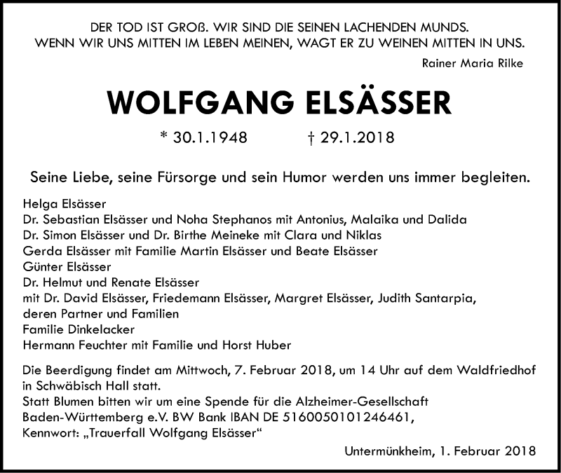  Traueranzeige für Wolfgang Elsässer vom 01.02.2018 aus Haller Tagblatt