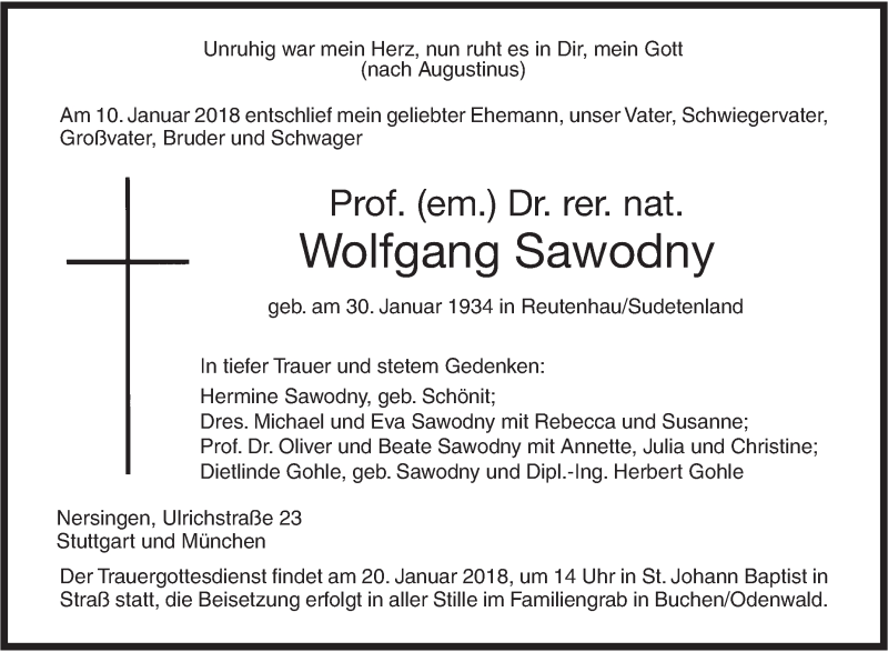  Traueranzeige für Wolfgang Sawodny vom 13.01.2018 aus SÜDWEST PRESSE Ausgabe Ulm/Neu-Ulm